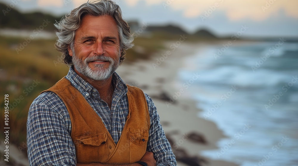 Poster man with a beard and a vest stands on a beach. he is smiling and looking at the camera