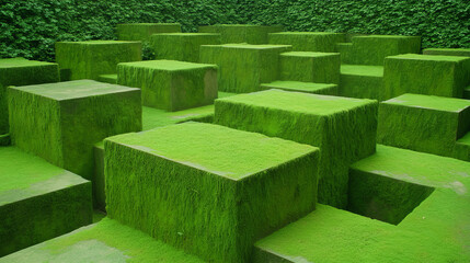 Lush green moss covered geometric blocks create serene, natural landscape
