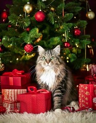 Obraz premium a cute cat celebrate in Christmas day, Christmas tree, presents.