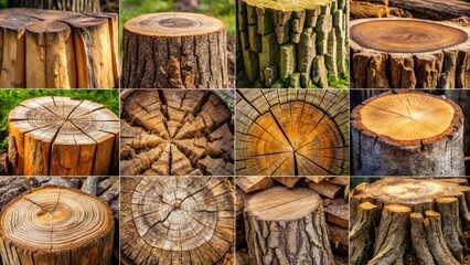 A Collage of Tree Trunk Cross Sections, Revealing the Intricate Patterns and Textures of Nature's Growth Rings