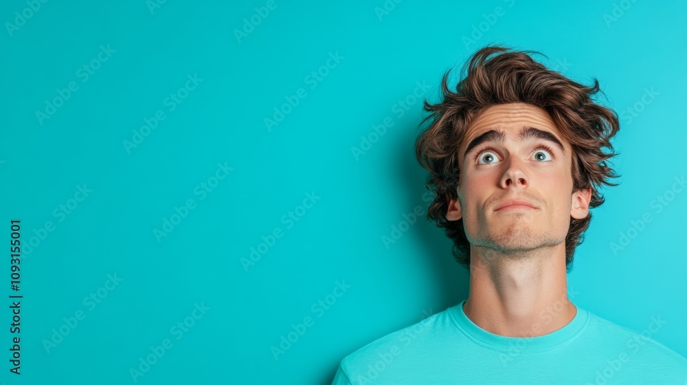 Poster man with messy hair is looking up at the camera with a surprised expression. the blue background add