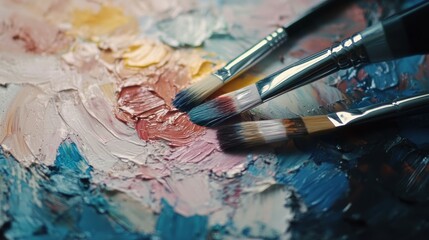 Obraz premium Artists creating with paint palette and brushes on white background - art studio creative workspace still life close-up view artistic expression