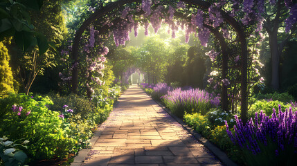 Serene jasmine and lavender garden at romantic victorian estate. Victorian Garden Pathway. Illustration