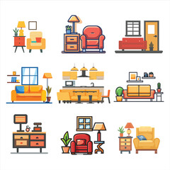 house furniture flat icon vector bundle set, Outline furniture flat icon vector set, interior room furniture flat icon