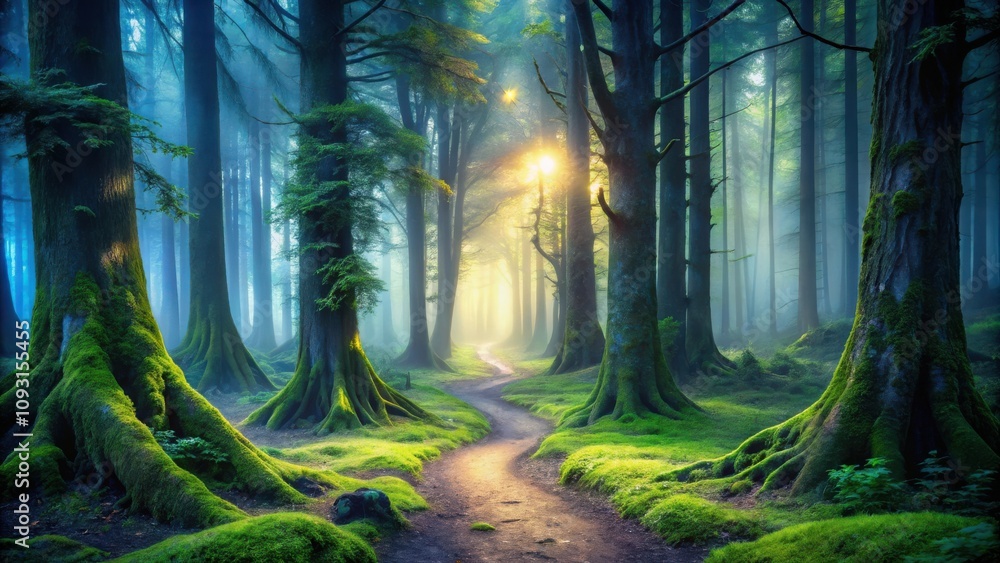 Aufkleber a winding path through a mystical forest, bathed in the soft glow of sunlight filtering through the 