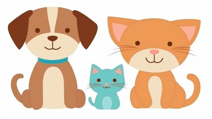 A cute illustration featuring a dog, a cat, and a kitten, showcasing their playful and friendly nature.