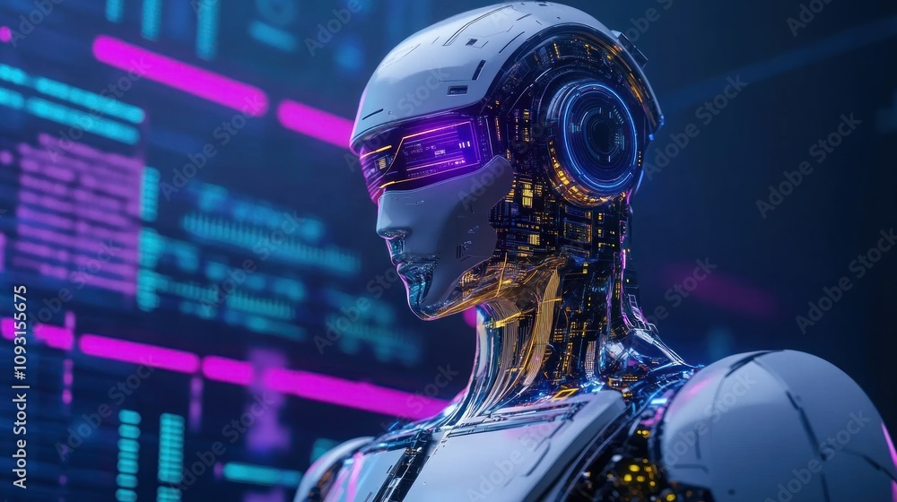 Poster Advanced Robot With Neon Lights Processing Data