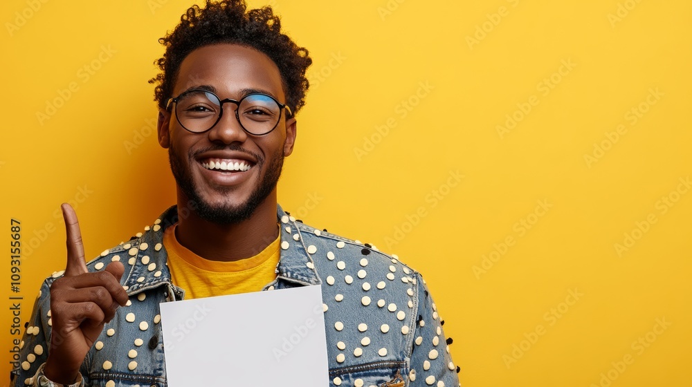 Poster man with glasses is holding a white piece of paper and pointing to it. he is smiling and he is happy