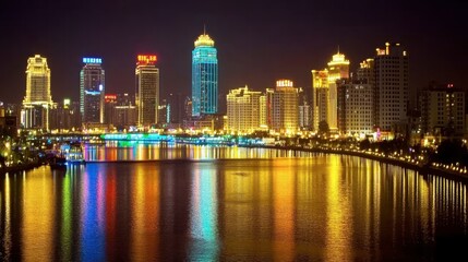 Obraz premium Nighttime Cityscape of Skyscrapers Illuminated by Vibrant Lights Reflecting on Calm Water Below, Showcasing Urban Beauty and Modern Architecture