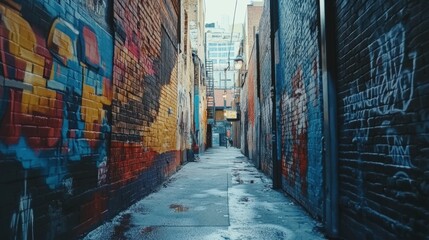 Fototapeta premium Urban art explosion bold graffiti on a brick wall in an alleyway street art photography cityscape vibrant colors