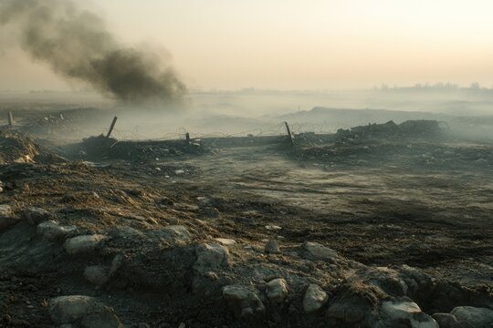 Desolate Battlefield Landscape Smoke and Ruin