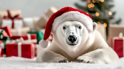 Polar bear wearing a Santa hat is laying on a white surface. The scene is festive and cheerful, with a Christmas tree in the background