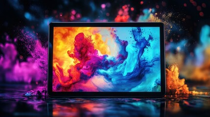 Creating digital art vibrant tablet display home office digital art modern environment close-up view creative expression