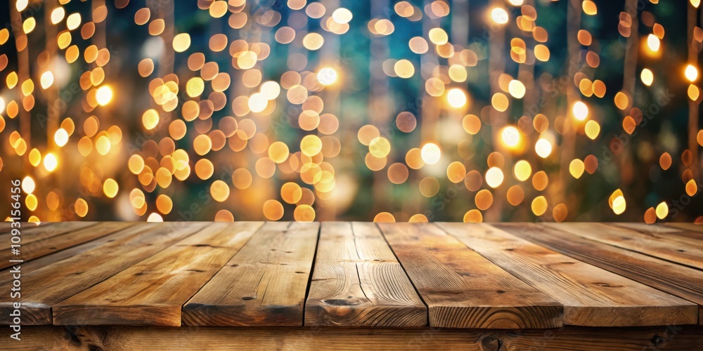 Poster a rustic wooden table with a blurred background of warm glowing lights and a soft green hue.