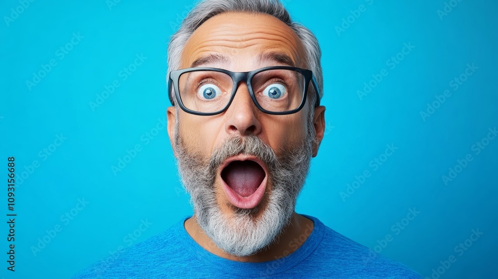 Poster man with glasses and a beard is making a surprised face. the image has a lighthearted and humorous m