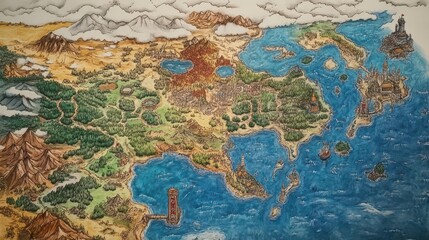Naklejka premium Exploring enchanted realms handdrawn map of fantasy lands imaginative cartography vibrant landscapes artistic perspective whimsical adventure