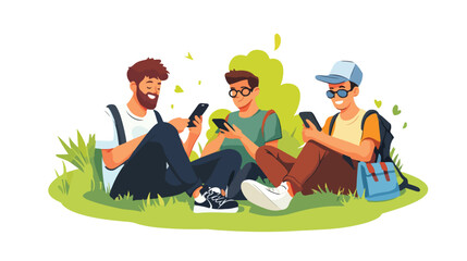 Joyful man with smartphone sitting outdoors