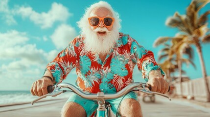 Man in a Santa Claus outfit is riding a bicycle on a beach. He is smiling and wearing sunglasses