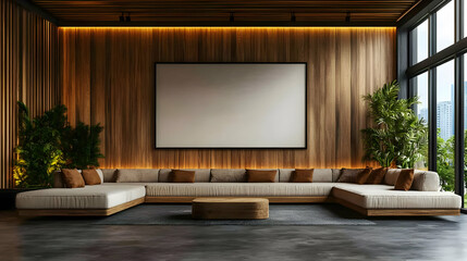 3D Illustration Modern Living Room Interior Wood Paneling Sofa Plants