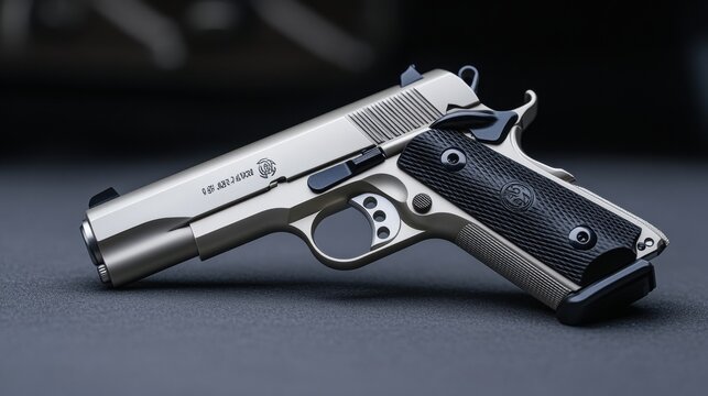 A close-up image of a modern silver handgun with black grips on a gray surface, showcasing detailed craftsmanship and precision in firearm design