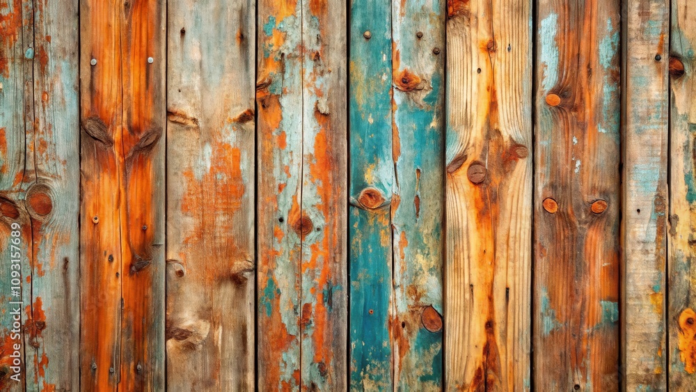 Poster a close-up view of weathered wooden planks, their surface displaying a rich tapestry of faded paint,