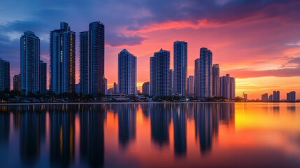 Obraz premium Sunset illuminates modern skyscrapers urban cityscape photography reflective waters panoramic view architectural beauty