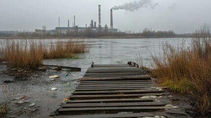 Obraz premium Pollution Impact on River and Air Quality