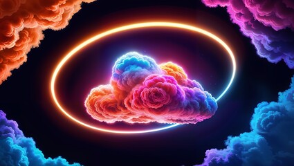 3d render, abstract cloud illuminated with neon light ring on dark night sky. Glowing geometric shape, round frame