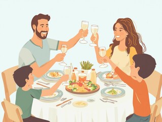A family gathered around a dinner table, clinking glasses in celebration