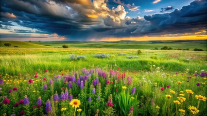 Obraz premium A vibrant meadow awash in the golden light of a dramatic sunset, with storm clouds casting a shadow over the lush green landscape and wildflowers in full bloom.