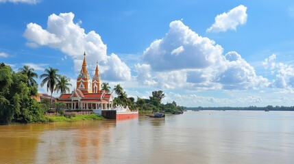 Naklejka premium Serene River Landscape with a Beautiful Church and Lush Greenery Under a Bright Blue Sky with Fluffy White Clouds in Southeast Asia