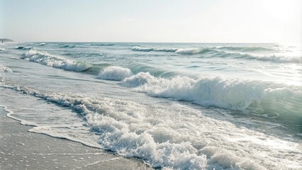 Soft white render with gentle ocean waves, abstract mixing, serene landscape, calming atmosphere, wave patterns