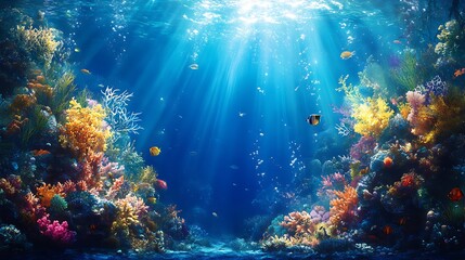 Fototapeta premium Radiant underwater ocean world with beams of sunlight illuminating blue depths