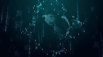 global connectivity, flow of data across digital landscape elements binary code. Digital Globe Glowing Network Connections network connections and data flow. wireframe polygonal lines data streams - Powered by Adobe