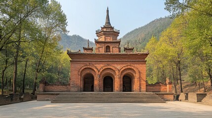 Fototapeta premium Serene Ancient Pagoda Surrounded by Lush Greenery and Mountains in Sunlight, Capturing Tranquility and Architectural Beauty in Nature