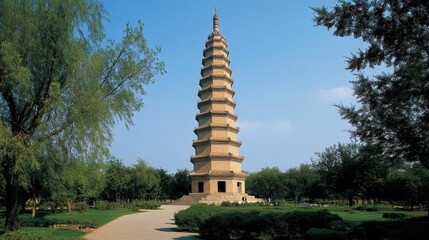 Historic Stone Pagoda Surrounded by Lush Greenery Under Clear Blue Sky, Representing Traditional Architectural Heritage and Serenity in Nature