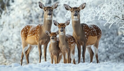 Fototapeta premium A family deer standing together in a snowy clearing, with frosted trees in the background
