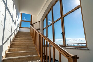 Obraz premium Staircase with wooden railing and steps leading up to a large window with a clear blue sky background, wooden staircase, home decor