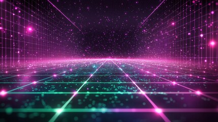 Naklejka premium A glowing futuristic background with a digital grid pattern in neon purple and green. Subtle particle effects enhance the sense of motion and depth, creating a high-tech and sleek aesthetic 