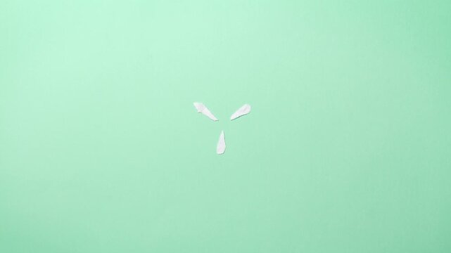 Stop motion animation video paper wrinkles making a paper ball. Light mint green background. A paper ball spreads making a blank sheet and folds again until it disappears.