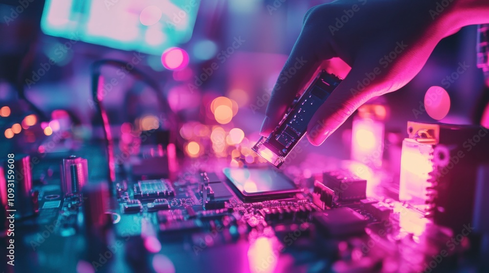 Aufkleber futuristic hand holding memory chip above circuit board with colorful lights and bokeh background in