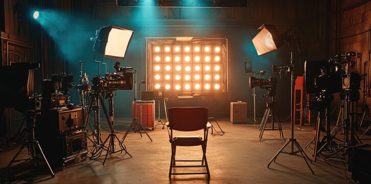 Studio setup - interior view of a movie set featuring a director chair, professional lighting, camera equipment, world of filmmaking, artistic direction, cinematic preparation.