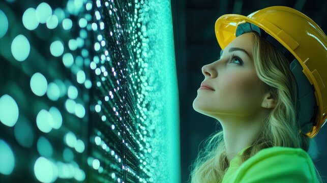 Engineer gazes at illuminated green server lights.