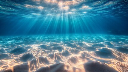 Fototapeta premium Submerged ocean view illuminated by shimmering sunlight rays in clear blue water