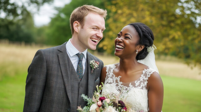 Beautiful happy diverse wedding couple with copy space
