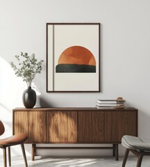 Boho Style Interior with Empty Poster Frame Above Mid-Century Modern Sideboard on White Background