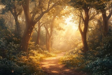 Naklejka premium Sunlit Path Through A Golden Forest Of Tall Trees