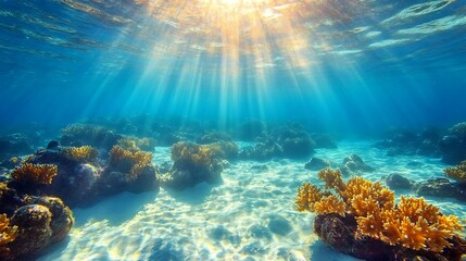 Fototapeta premium Underwater ocean depths with sunlight streaming through clear blue water surface