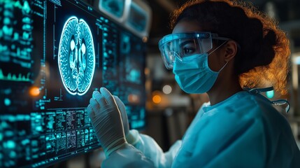 Female doctor examining glowing brain scans on advanced digital screens in a high-tech lab. Ideal for neuroscience, healthcare, or AI visuals. Blue and black tones dominate