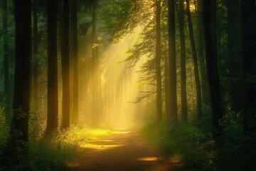 Obraz premium Golden Sunlight Illuminates Forest Path Trees
